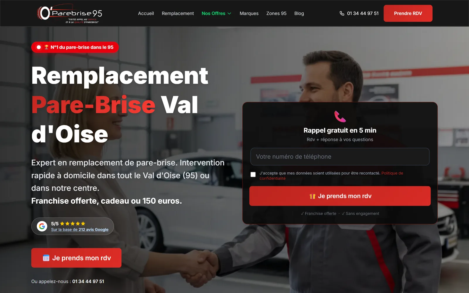 Page d'accueil d'oparebrise95.fr : « Remplacement Pare-Brise Val d'Oise » et formulaire de rappel