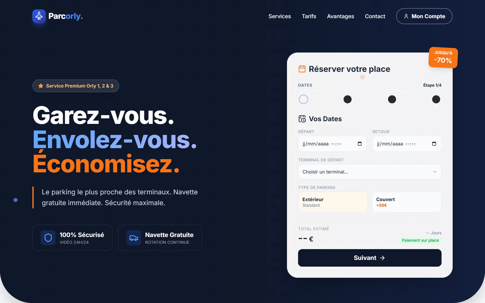 Page d'accueil de parcorly.com : titre « Garez-vous. Envolez-vous. Économisez. » et module de réservation