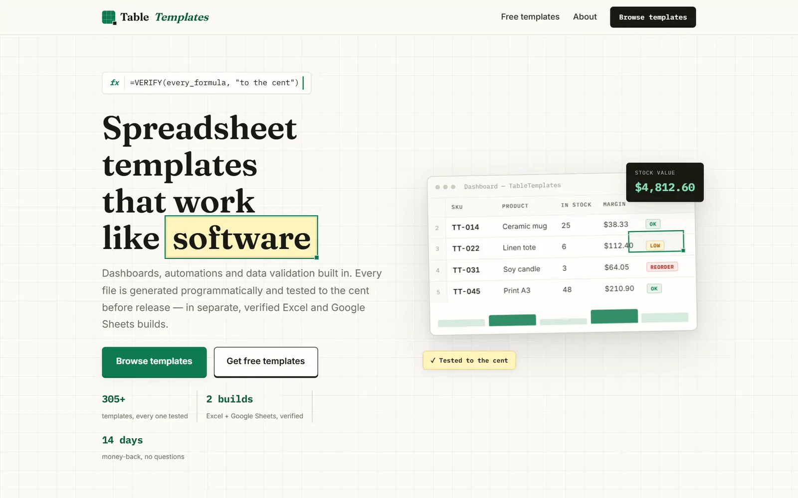 Page d'accueil de tabletemplates.com : « Spreadsheet templates that work like software »